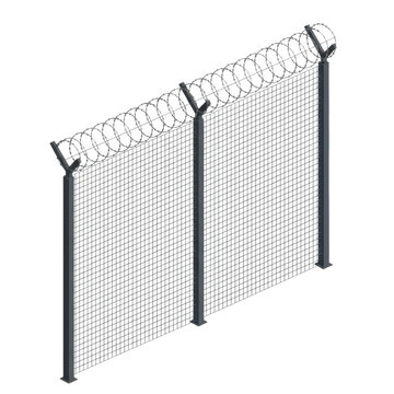 Industrial welded wire mesh fence with sharp razor coil atop heavy metal posts against a transparent background, creating an imposing security barrier atmosphere