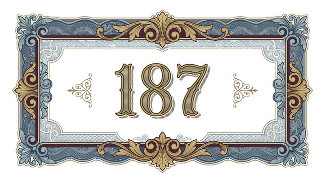 Vintage Number 187 Sign with Ornate Frame and Decorative Elements