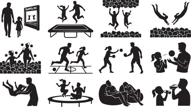 Set of trampoline park icons, people jumping, playing, and relaxing