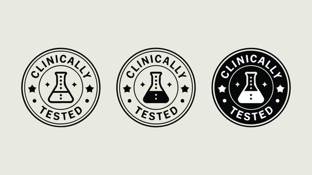 Three variations of a circular clinically tested vector illustration badge featuring a laboratory flask icon for professional medical product branding