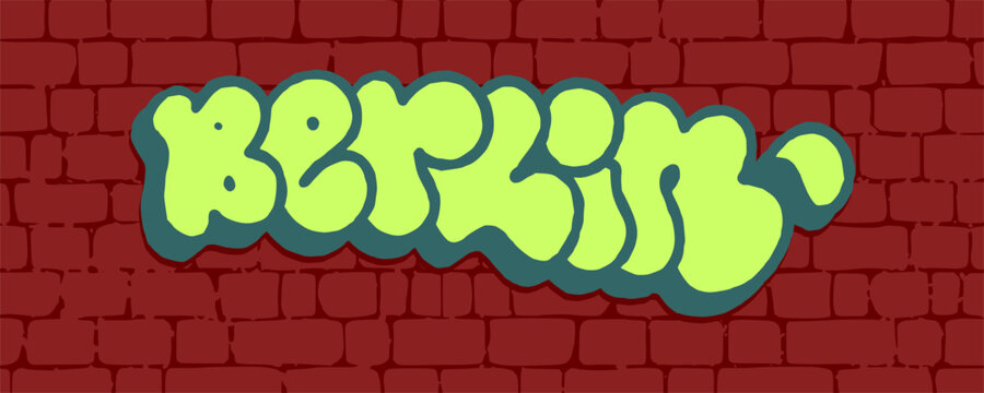 Berlin Germany city lettering typography bubble font graffiti tag design. Distressed urban throw up script text layout with red brick wall background for merchandise asset clip art.