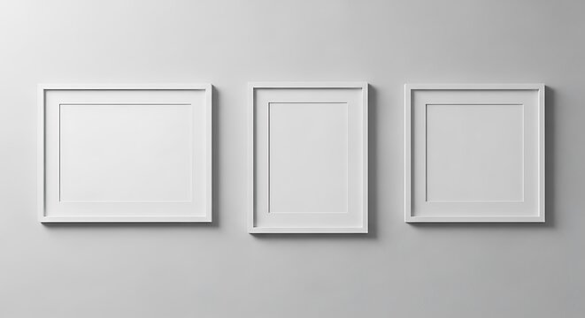 Minimalist empty white frames on light gray wall interior design mockup for modern art presentation