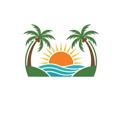 Obraz premium Tropical Sunset and Coconut Palm Trees Logo Vector Template for Beach Resort and Travel Branding