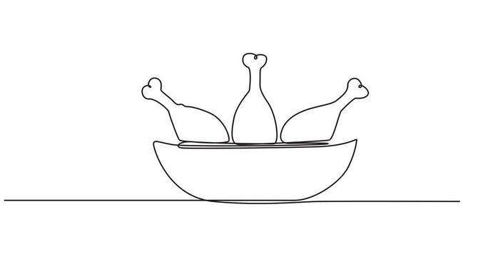 Animated self drawing of bowl filled with three chicken drumsticks continuous line drawing, Continuous single line drawing of a bucket filled with fried chicken drumsticks video, illustration style.