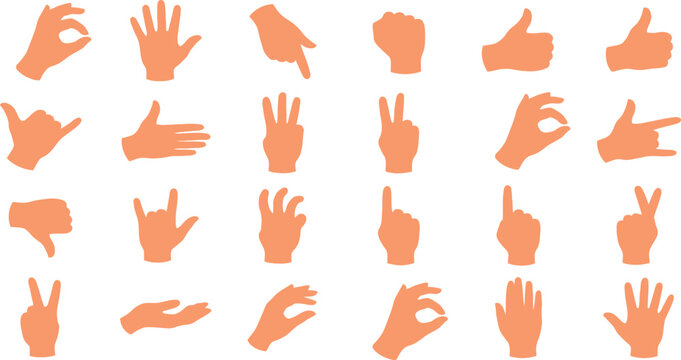 Minimalist solid orange hand gesture icon set for communication design with silhouette communication illustration language minimalist collection pointing nonverbal interface signaling