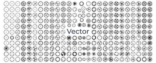 CAD tree top view outline set for landscape architecture, garden planning, site maps and vegetation layouts with diverse canopy symbols and botanical plan graphics. Vector illustration © JIm Studio
