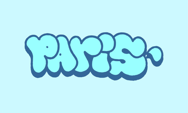 Paris France city lettering typography bubble font graffiti tag layout. Distressed urban throw up script text symbol with plain backdrop for streetwear clothing design clip art.
