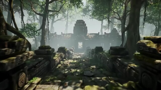 Ancient weathered stone staircase and path leading through a dense, misty tropical jungle toward the ruins of a stone temple structure obscured by heavy fog and soft dappled sunlight.