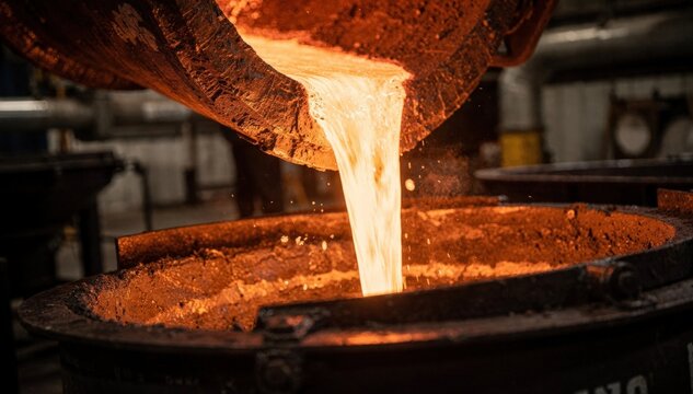 Closeup medium shot of small batch molten steel pouring carefully into a ladle emphasizing the bright liquid steel with foreground sharp and surroundings softly blurred.