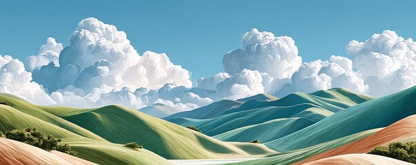 Obraz premium Peaceful panoramic phone wallpaper of rolling grassy hills under dramatic white clouds and blue sky