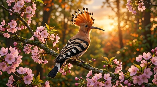 Hoopoe Bird with Crest on Cherry Blossom Branch &ndash; Golden Hour Wildlife