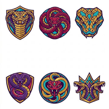 Iconic Reticulated Python Snake Logo Set with Luxurious Colorful Serpent Designs Vector Illustration