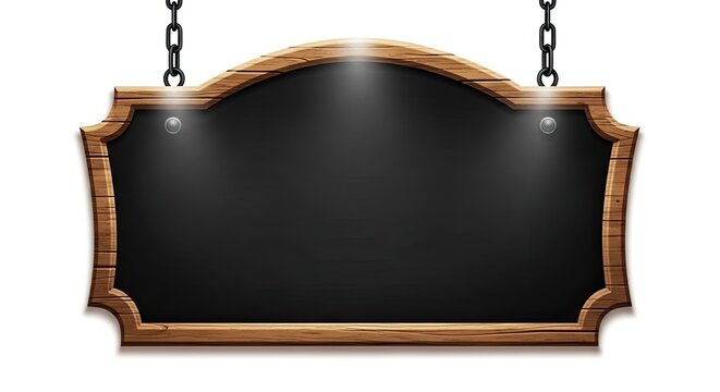 Empty wooden chalkboard sign hanging from chains on white background