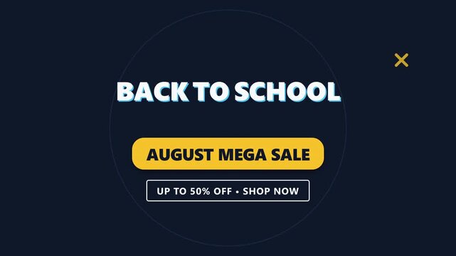 Back to school august mega sale animated banner on dark blue background