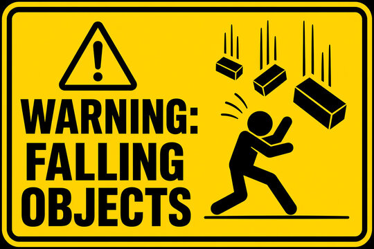 Warning falling objects safety sign, industrial yellow caution placard, construction site hazard alert with falling bricks icon isolated on White Background ai