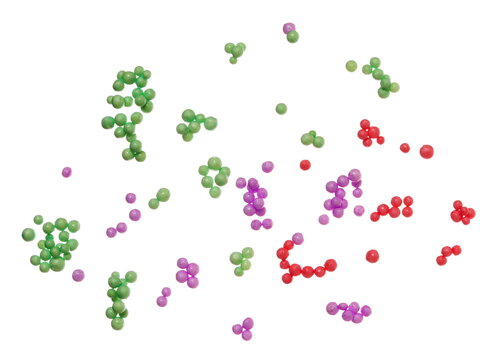 Colorful circle styrofoam sticky balls flying, pattern and texture isolated on background, concept of atoms and molecules, clipping path, design element