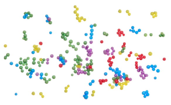 Colorful circle styrofoam sticky balls flying, pattern and texture isolated on background, concept of atoms and molecules, clipping path, design element
