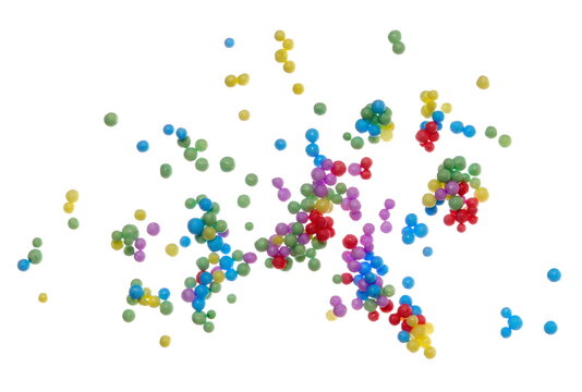 Colorful circle styrofoam sticky balls flying, pattern and texture isolated on background, concept of atoms and molecules, clipping path, design element