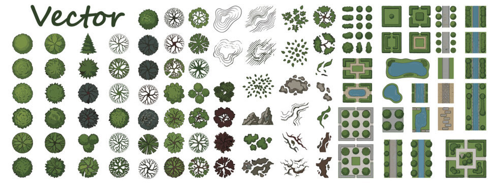 Architectural tree canopy symbols viewed from above, grunge foliage collection for landscape plans, garden design, urban mapping and vegetation layouts