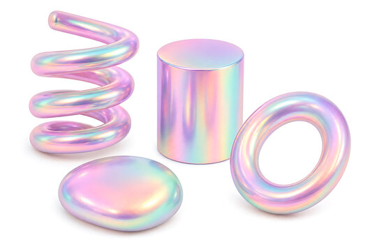 Holographic 3D geometric shapes set, iridescent pearlescent abstract objects, metallic pastel pink and blue chrome elements for modern graphic design isolated on White Background ai