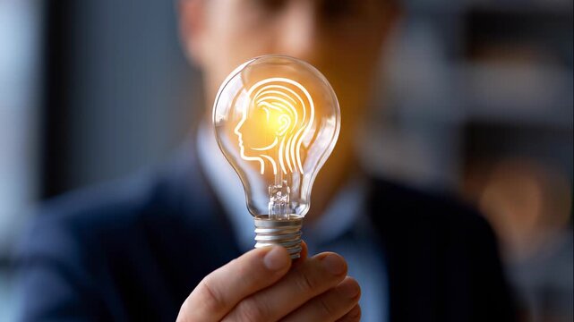 A close up of a European businessman hand holds softly a glowing light bulb with human head icon for AI innovation in a moody office AI i 2