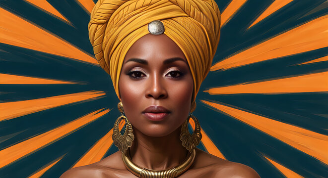 African woman with yellow head wrap and gold necklace looking forward in colorful striped background