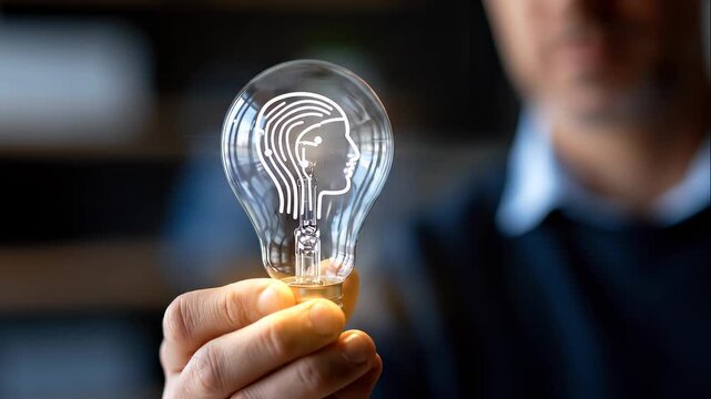 A close up of a European businessman hand holds softly a glowing light bulb with human head icon for AI innovation in a moody office AI inn