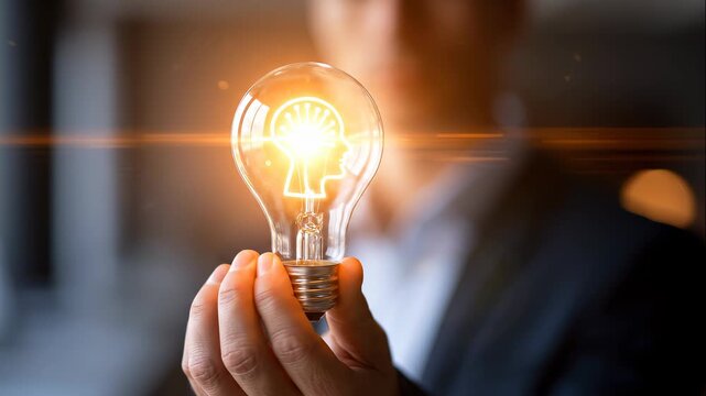A close up of a European businessman hand holds softly a glowing light bulb with human head icon for AI innovation in a moody office AI i 4