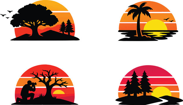 Tree landscape Silhouette Against Colorful Retro Sunset Icon Set