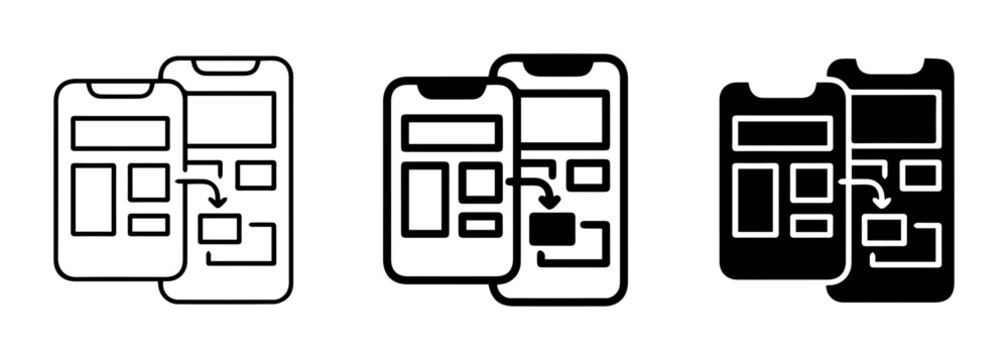 Mobile App UI Transfer, Data Migration Icons, Smartphone Screen Layouts, Vector Set