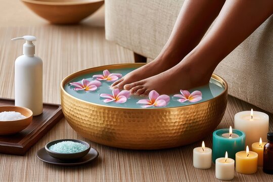 Relaxing spa foot soak with flowers, candles and soothing wellness treatment for at-home pedicure