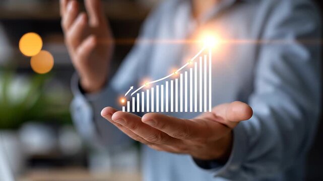 A close up of a European businessman hand presents softly a glowing market segmentation chart in a moody office market segmentation face 3