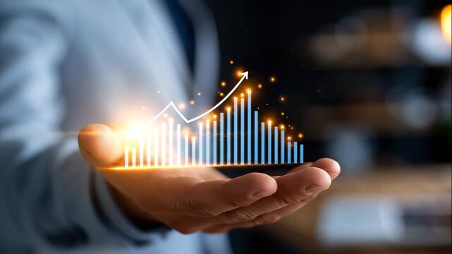 A close up of a European businessman hand presents softly a glowing market segmentation chart in a moody office market segmentation facele
