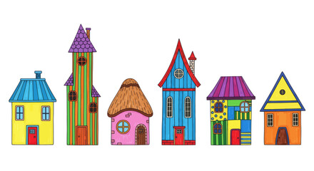 Obraz premium Whimsical row of colorful cartoon houses illustration on white background, cute fantasy neighborhood or village concept