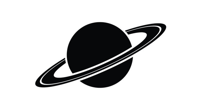 A simple black and white illustration of saturn with its prominent rings