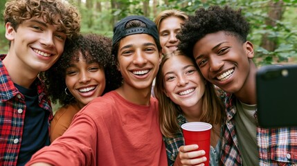 Obraz premium Diverse group of five teenagers smiling and taking a selfie in a forest setting