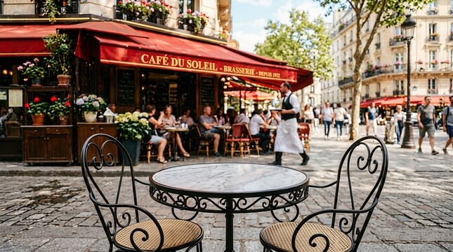 Charming Parisian Cafe Scene with Outdoor Seating on a Sunny Day.