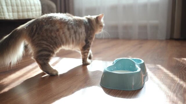 The cat eats the milk, licks its lips, and leaves the bowl.