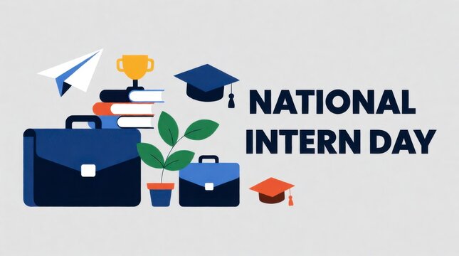 National Intern Day Celebration with Graduation Caps, Briefcase, and Books