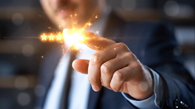 A close up of a European businessman hand uses softly a glowing customer feedback review interface in a moody office customer feedback fac