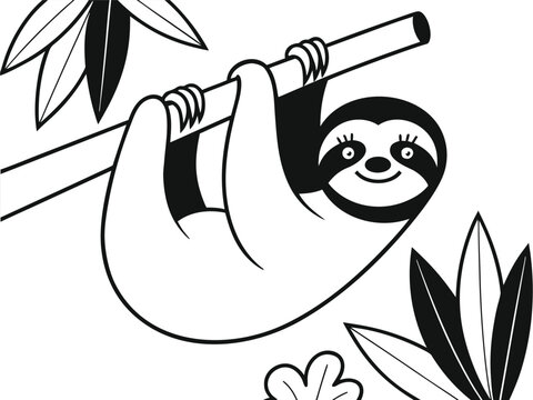 Black and white illustration of a smiling sloth hanging from a branch skateboard coloring page