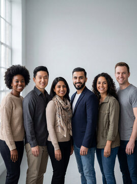 Diverse group of six adults of different ethnicities smiling at camera, casual professional clothing, studio lighting, gray background, copy space.