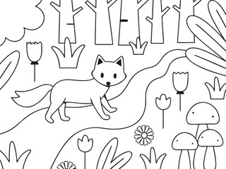Fototapeta premium Line art illustration of a fox in a whimsical forest scene skateboard coloring page