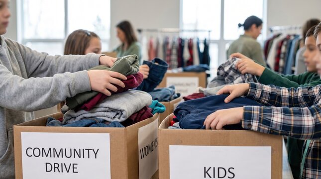 Children and adults sorting donated clothing into boxes labeled Community Drive and Kids. Community service and charitable giving atmosphere. Illustrate charity work or social responsibility.