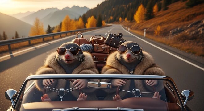 Two moles wearing sunglasses and fur coats driving a convertible car on a mountain road with travel luggage. Concept of a fun road trip adventure, vacation journey and animal travel.