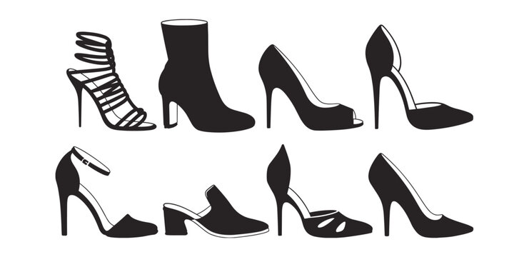 A collection of eight distinct shoe silhouettes, showcasing a variety of elegant and fashionable designs