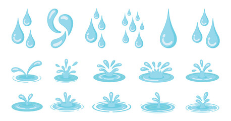 Naklejka premium A collection of blue water droplet illustrations, showing different forms of water splash and liquid drop effects
