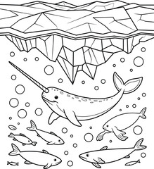 Narwhal and arctic sea animals swimming underwater with ice floe, playful cartoon line art for a children's coloring book activity and wildlife © lok0077