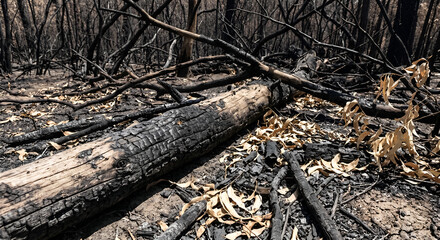 Fototapeta premium Scorched earth and a burnt fallen tree in a destroyed forest