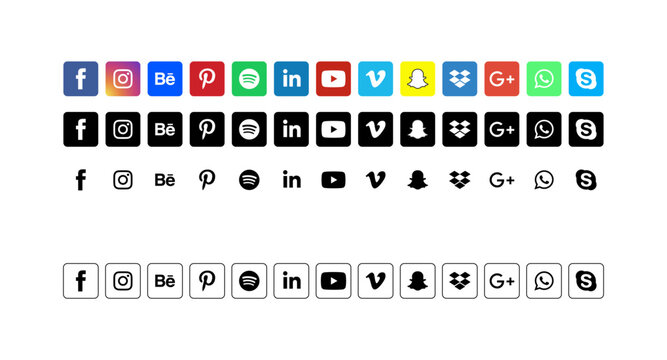 Social media icons set featuring facebook instagram behance pinterest spotify linkedin youtube vimeo snapchat dropbox google plus whatsapp and skype logos in square rounded and line styles design.